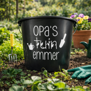 Zwarte emmer met opschrift "Opa's tuin" in moestuin met tuingereedschap en bloemen
