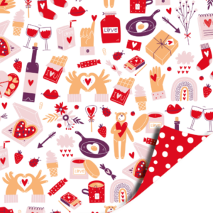 Valentijnsdag cadeaupapier met hartjes, liefdesboodschappen en romantische illustraties voor inpakken