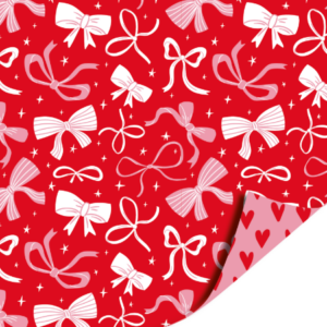 Rood cadeaupapier met witte en roze strikken en sterren, perfect voor feestelijke geschenkverpakking