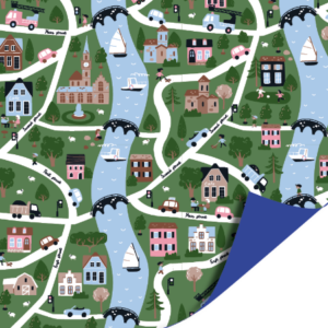 Illustratief kaartpatroon met Zeeuwse huisjes, boten en landschap in karakteristieke stijl voor cadeauartikelen