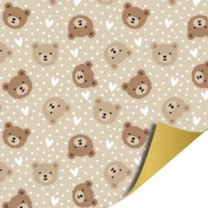 Cadeaupapier met schattige beren, hartjes en stippen in beige en bruine tinten met gouden achterkant