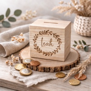Houten spaarpot met gegraveerde naam Leah in bloemenkrans, gepersonaliseerd cadeau op houten schijf met munten