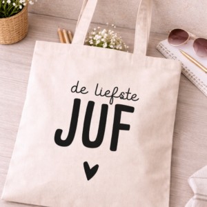 Katoenen tasje met tekst de liefste JUF en hartje, cadeauidee voor juf uit cadeauwinkel