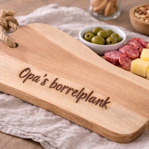 Houten borrelplank met opschrift Opa's borrelplank, kaas, worst en olijven als cadeau-idee