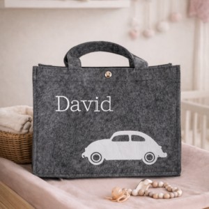 Grijze vilten tas met naam David en auto-opdruk, persoonlijk cadeau voor kinderen in babykamer