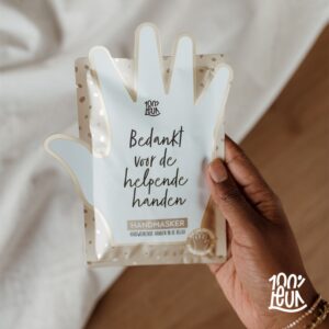 Handmasker in handvormige verpakking met tekst 'Bedankt voor de helpende handen' als cadeau-idee