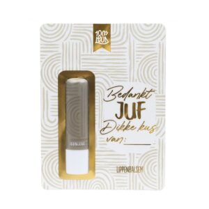 Lippenbalsem in gouden verpakking met tekst 'Bedankt JUF Dikke kus van' voor juffendag cadeau