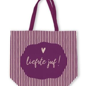 Paarse gestreepte shopper tas met tekst 'liefste juf!' en hartje als cadeau