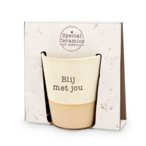 Handgemaakt keramiek theelichthouder met tekst 'Blij met jou' in cadeauverpakking