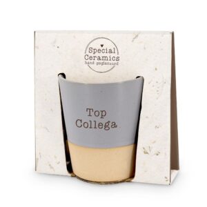 Handgeglazuurde keramiek mok Top Collega in cadeauverpakking met tweekleurig ontwerp grijs en beige