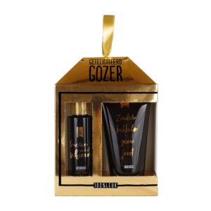 Cadeauset in gouden huisvormige verpakking met aftershave en douchegel, gefeliciteerd gozer tekst