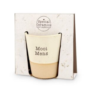 Handgeglazuurde keramiek mok met tekst Mooi Mens in cadeauverpakking Special Ceramics