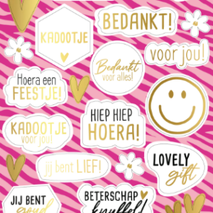Stickervel met Nederlandse felicitatieteksten op roze gestreepte achtergrond van cadeauwinkel