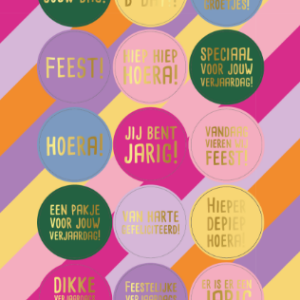 Kleurrijke feestelijke stickers met Nederlandse felicitatieteksten voor verjaardagen en speciale momenten