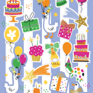 Kleurrijke feest stickers met taarten, ballonnen, cadeautjes en kaarsen voor verjaardag decoratie