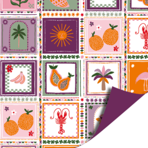 Inpakpapier met tropische vruchten en zomerse motieven in vrolijke kleuren met paarse achterkant