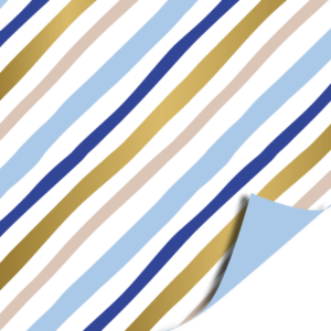 Cadeaupapier met diagonale strepen in blauw, goud en beige tinten met opgerolde hoek