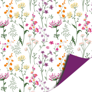 Vrolijk cadeaupapier met kleurrijke wilde bloemen en paarse achterkant, perfect voor Zeelands cadeauwinkel