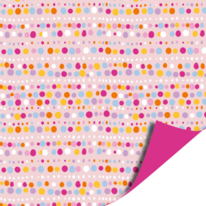 Kleurig stippenpatroon cadeaupapier met roze achterkant, perfect voor geschenkverpakking