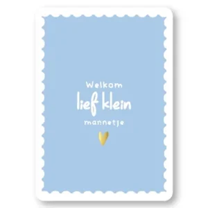 Blauwe geboortekaart met witte tekst 'Welkom lief klein mannetje' en geel hartje