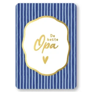 Cadeaukaart met blauw-witte strepen en gouden tekst 'De beste Opa' met hartje