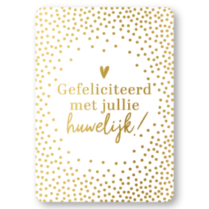 Felicitatiekaart met gouden confetti en tekst Gefeliciteerd met jullie huwelijk op witte achtergrond