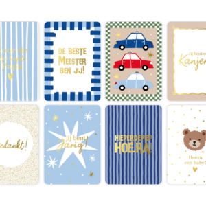 Collectie felicitatiekaarten met Nederlandse teksten voor geboorte, verjaardag en bedankjes
