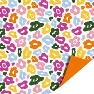 Kleurrijk cadeaupapier met vrolijk bloemenpatroon in roze, geel, oranje en groen tinten