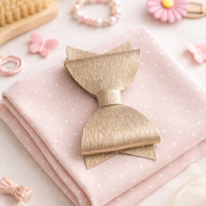 Gouden leren haarstrik op roze stof met haaraccessoires en houten borstel op witte ondergrond
