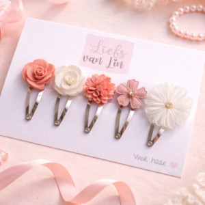 Set van vijf haarspeldjes met bloemen in roze en ivoor tinten, perfect cadeau voor meisjes