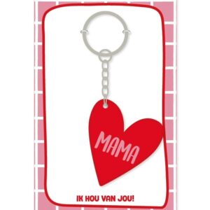 Rode hartvormige sleutelhanger met tekst MAMA en kaart Ik hou van jou, cadeau voor moederdag