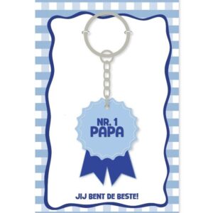 Sleutelhanger met medaille Nr. 1 Papa in blauwe tinten op gestreepte cadeaukaart